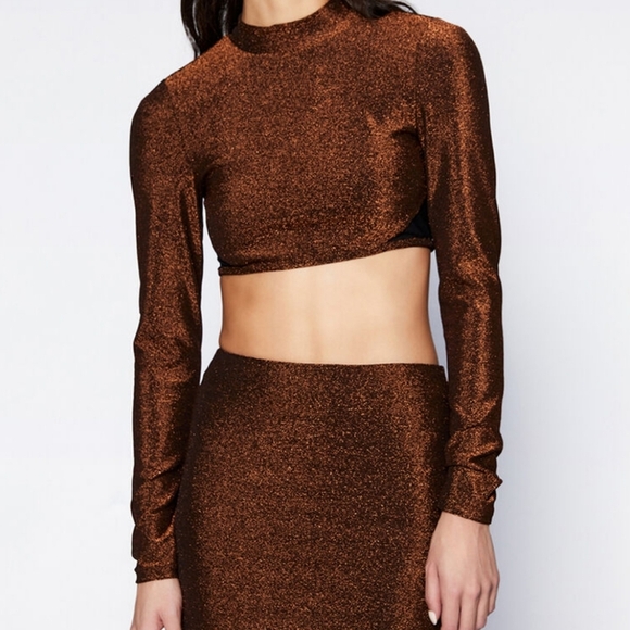 NWT Bardot Tuscany Long Sleeve Lurex Crop Top in Bronze Lur Medium - Picture 3 of 10